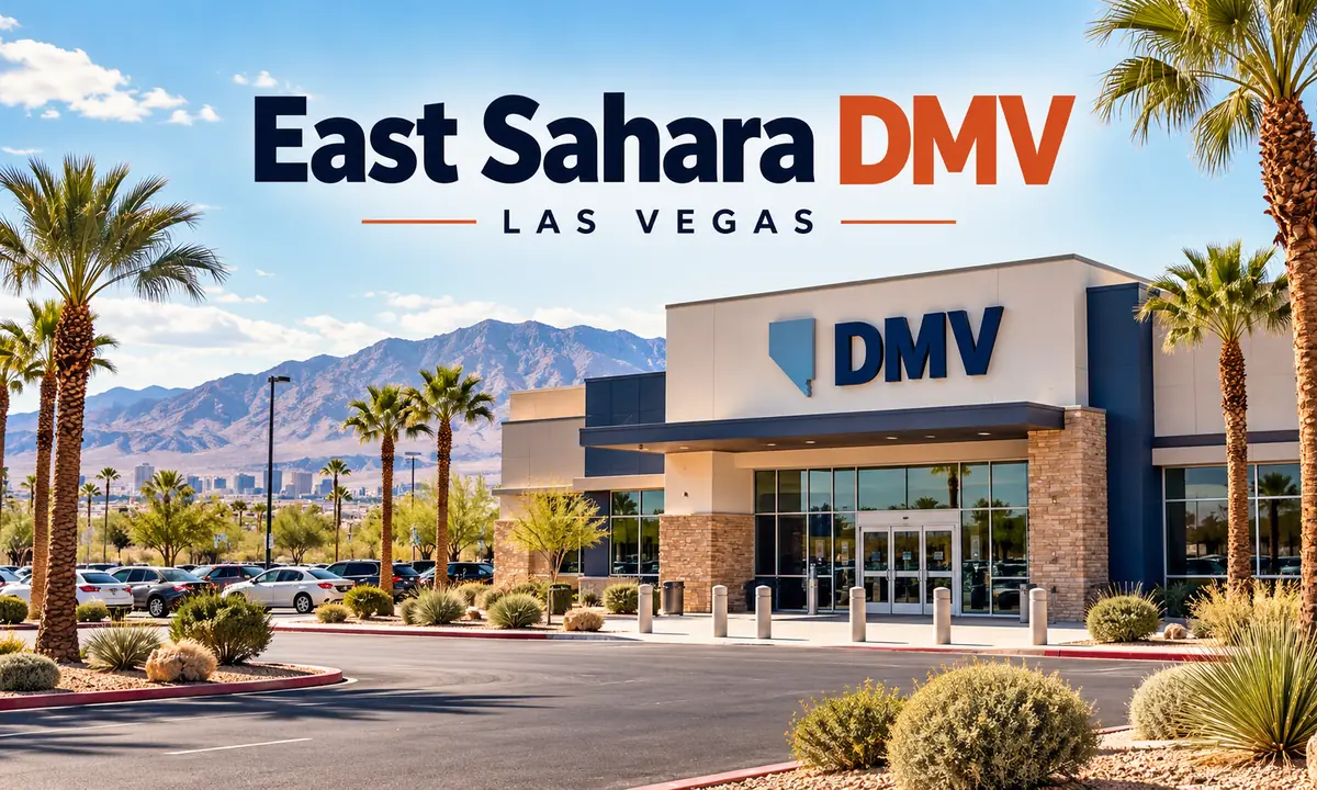 East Sahara DMV Las Vegas: illustration of a DMV office building with palm trees, desert landscaping and mountains behind