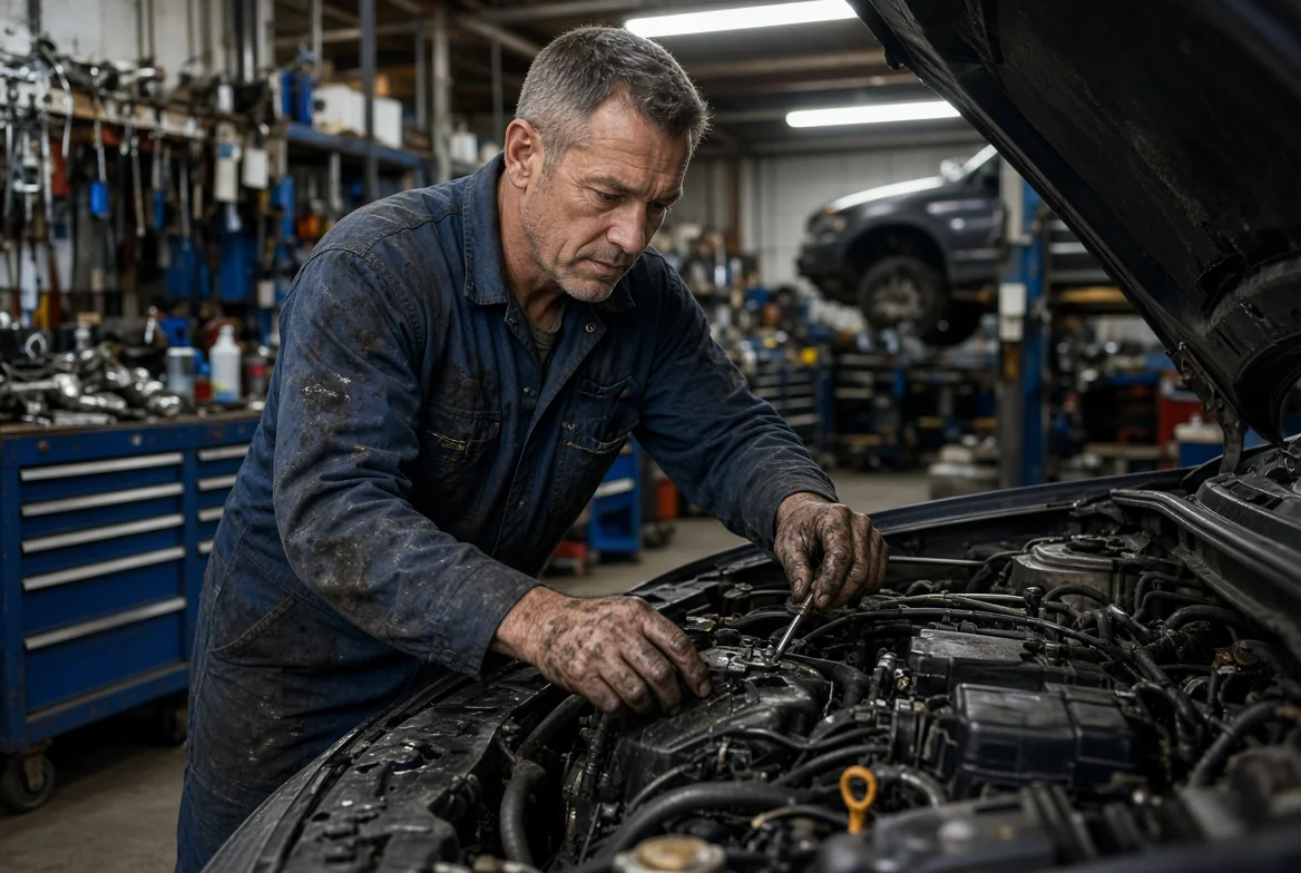 Ethan Miller working on a car engine in an auto repair shop