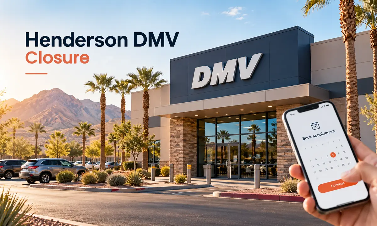 Henderson DMV closure: illustration of a DMV office with palm trees and desert mountains, and a phone open to an appointment calendar