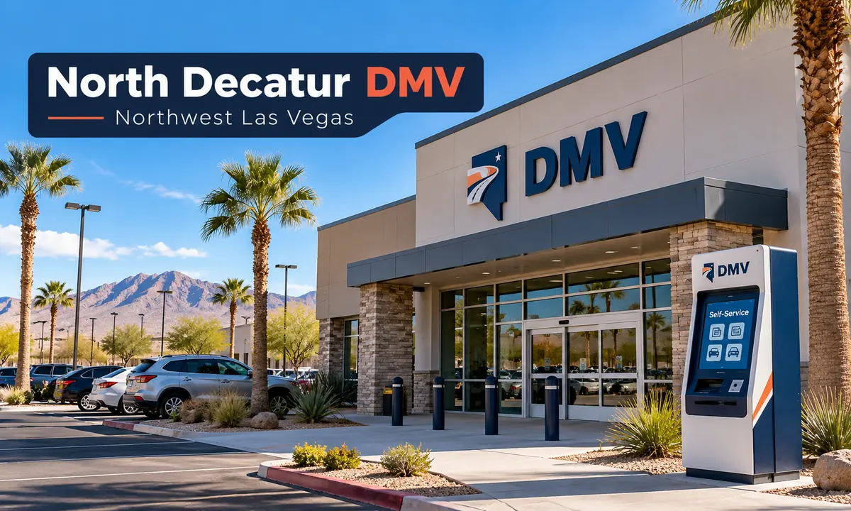 North Decatur DMV, northwest Las Vegas: illustration of a DMV office with a self-service kiosk out front, palm trees and mountains