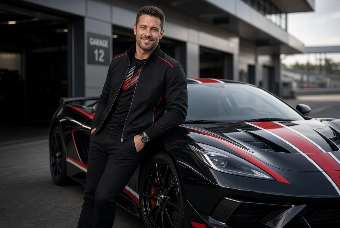 Ryan Parker standing beside a black and red sports car outside a garage
