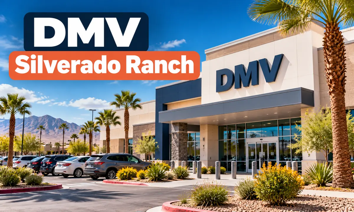 DMV Silverado Ranch: illustration of a modern DMV office building with palm trees, desert landscaping and a parking lot