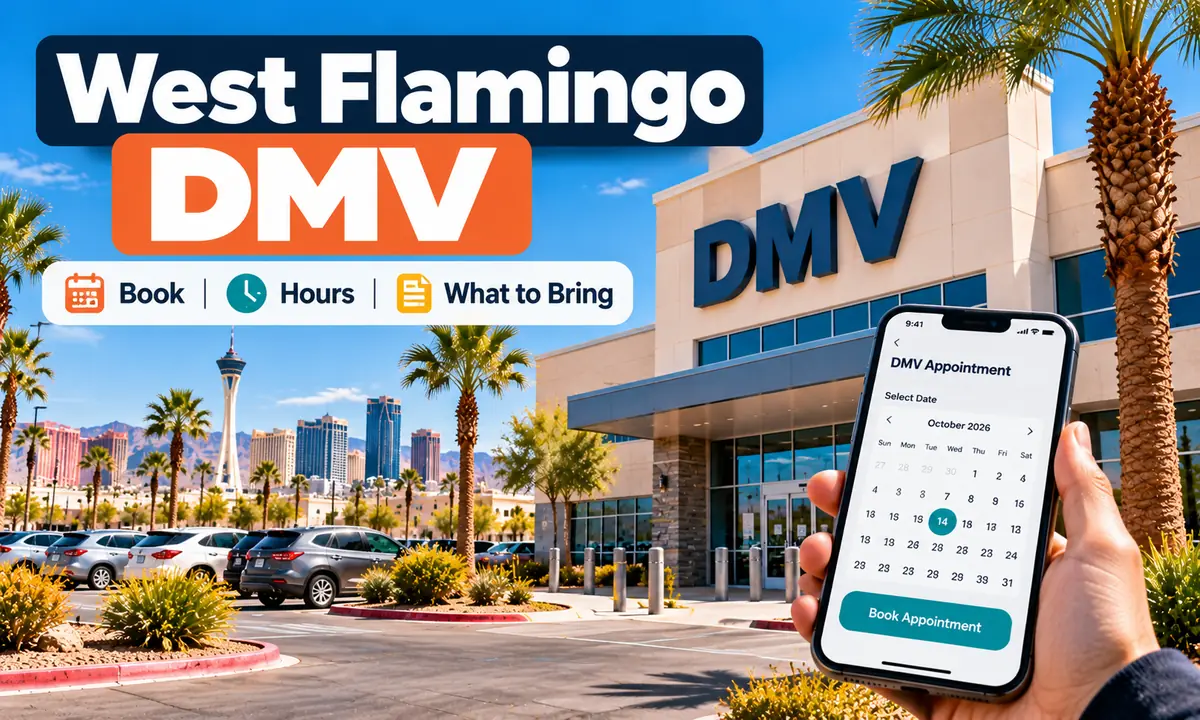 West Flamingo DMV: illustration of a phone booking a DMV appointment outside a DMV office, with the Las Vegas skyline behind